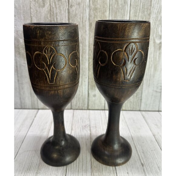 Vtg Wooden Goblet Style Candlestick Holders Carved Rustic Decor Set of 2 India - Picture 2 of 8